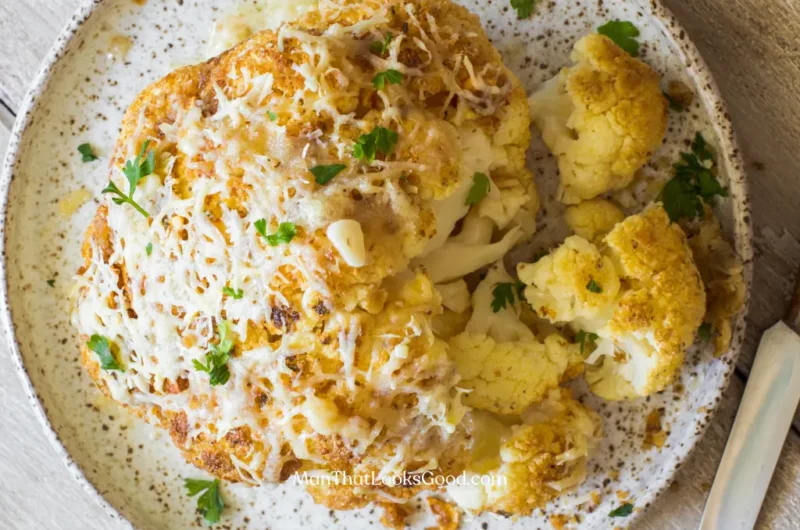 Baked Whole Cauliflower with Mayo and Cheese