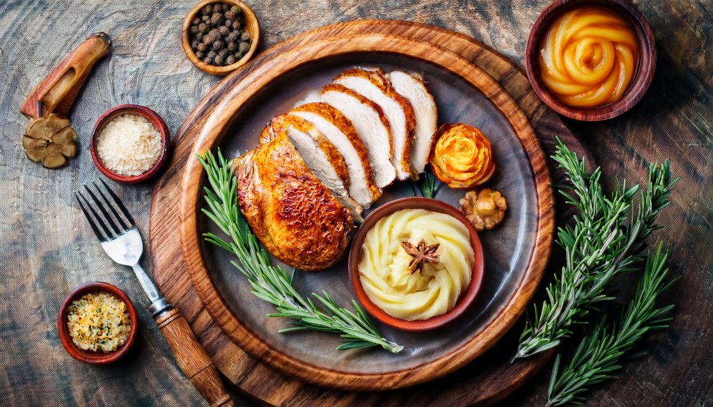 Sliced turkey with sides and herbs