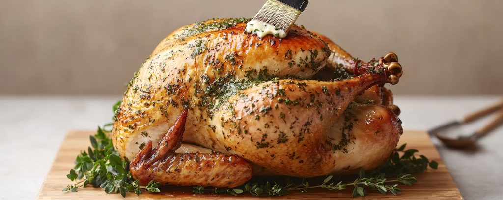 Flavorful brine turkey with herb seasoning.